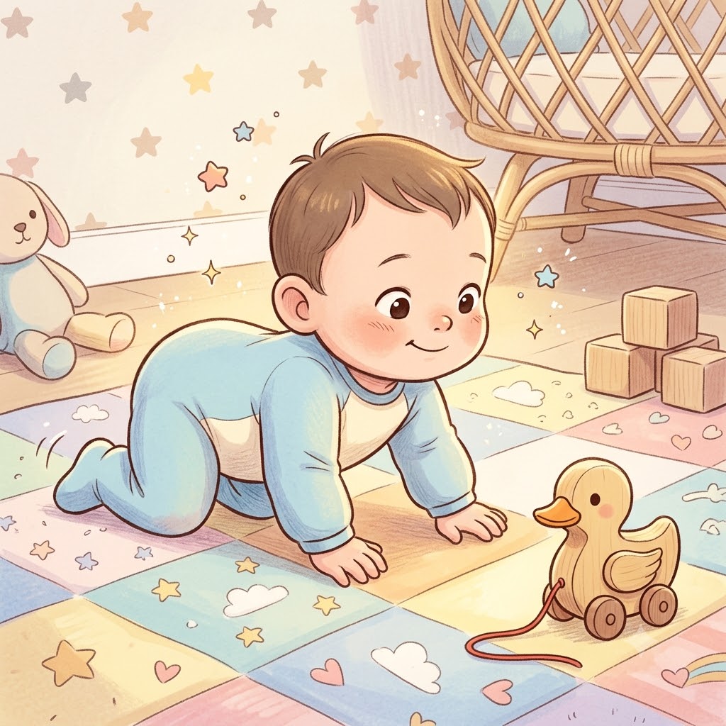 Bé trai họ Lê hiếu động tập bò cùng đồ chơi gỗ