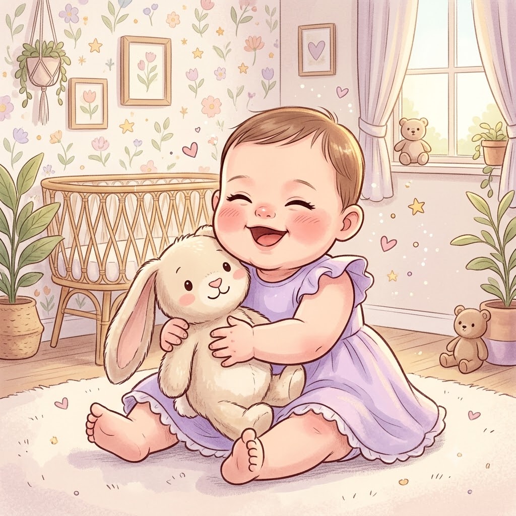 Bé gái họ Lê chơi đùa bên bạn thỏ bông đáng yêu