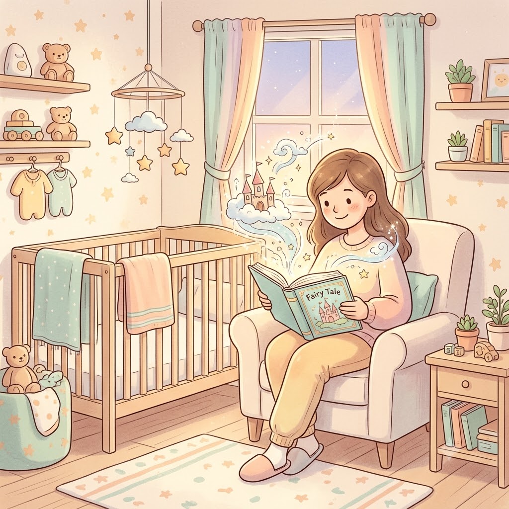 Mẹ đọc truyện cổ tích bên nôi bé gái tuổi Đinh Mùi