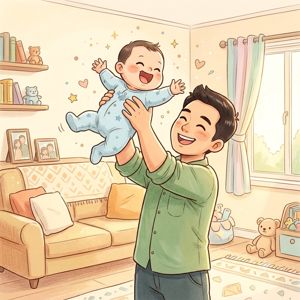 Bố vui đùa cùng bé trai rộn rã tiếng cười