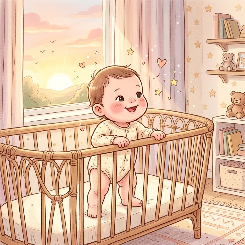 Bé gái mỉm cười đón ánh bình minh bên cửa sổ